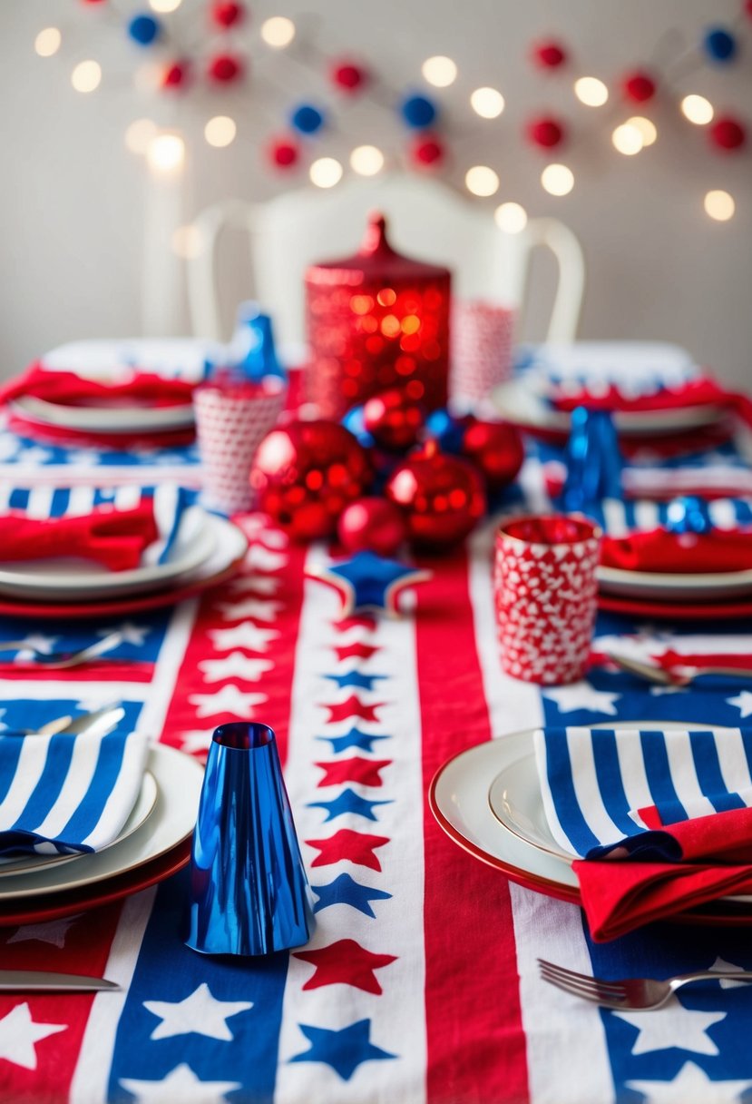 A festive table adorned with red, white, and blue decorations, including star-patterned tablecloth and striped napkins