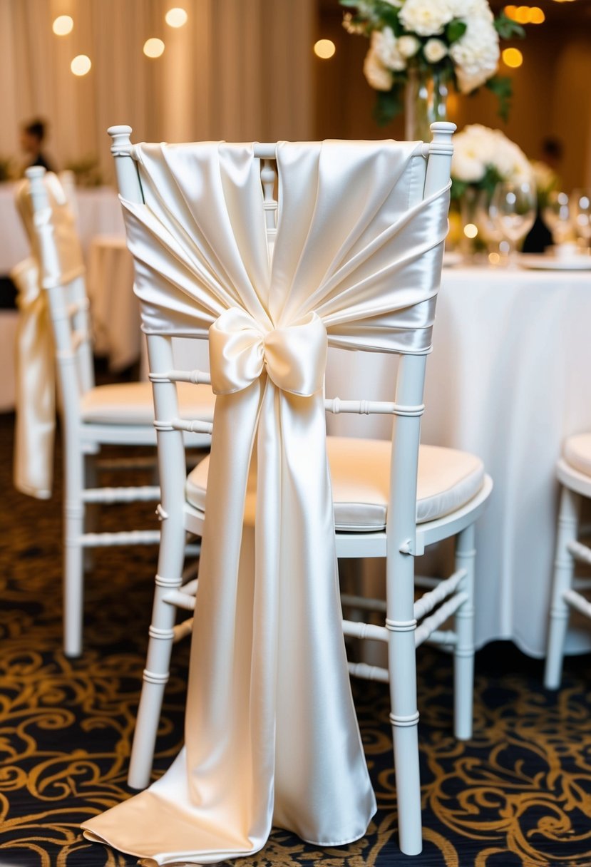 Ivory satin chair sashes elegantly draped over chairs, complementing ivory wedding table decorations