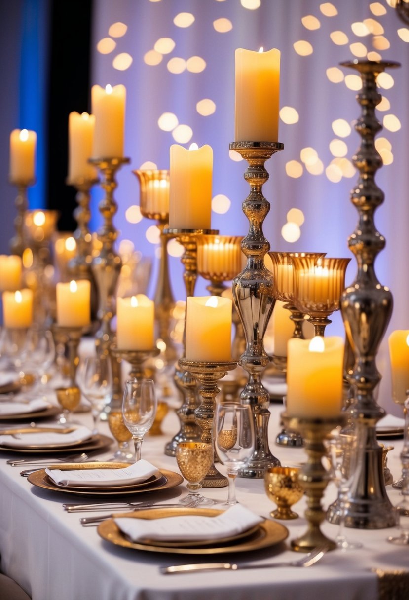 A table adorned with an array of elegant candle holders and vases, arranged in a visually captivating and artistic display