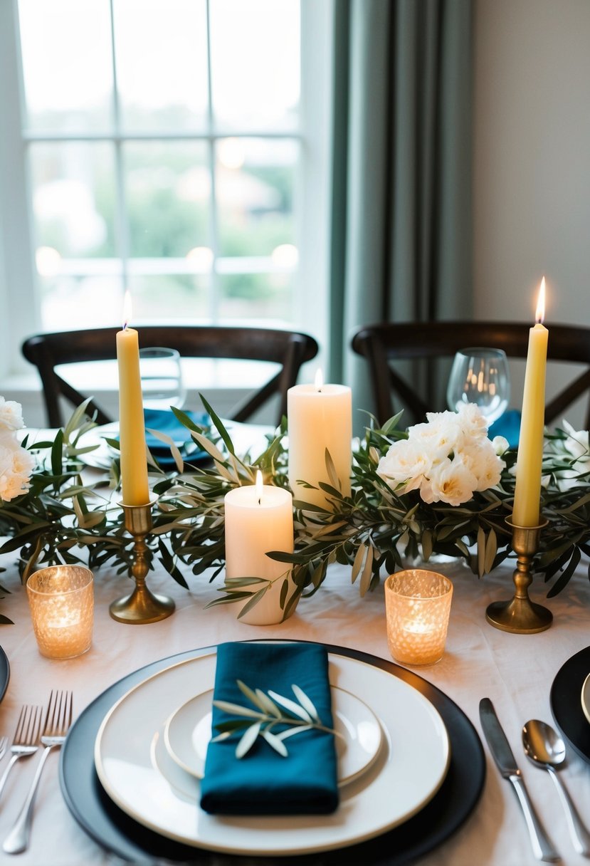 An elegant table setting with olive branches, candles, and white floral arrangements