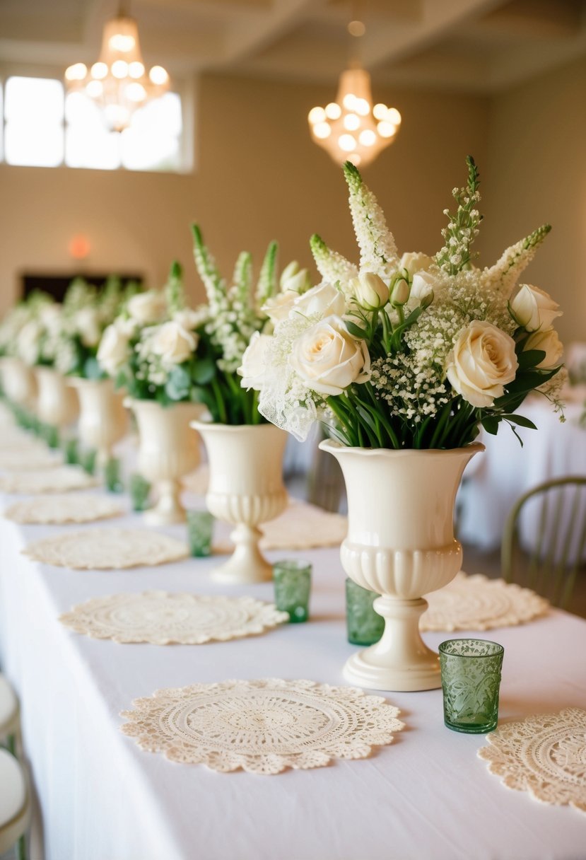 Ivory lace doilies arranged under vintage centerpieces on an ivory wedding table