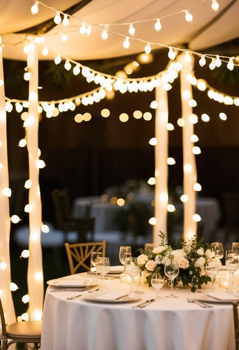 Ivory fairy lights draped around a wedding table, creating a warm and romantic ambiance