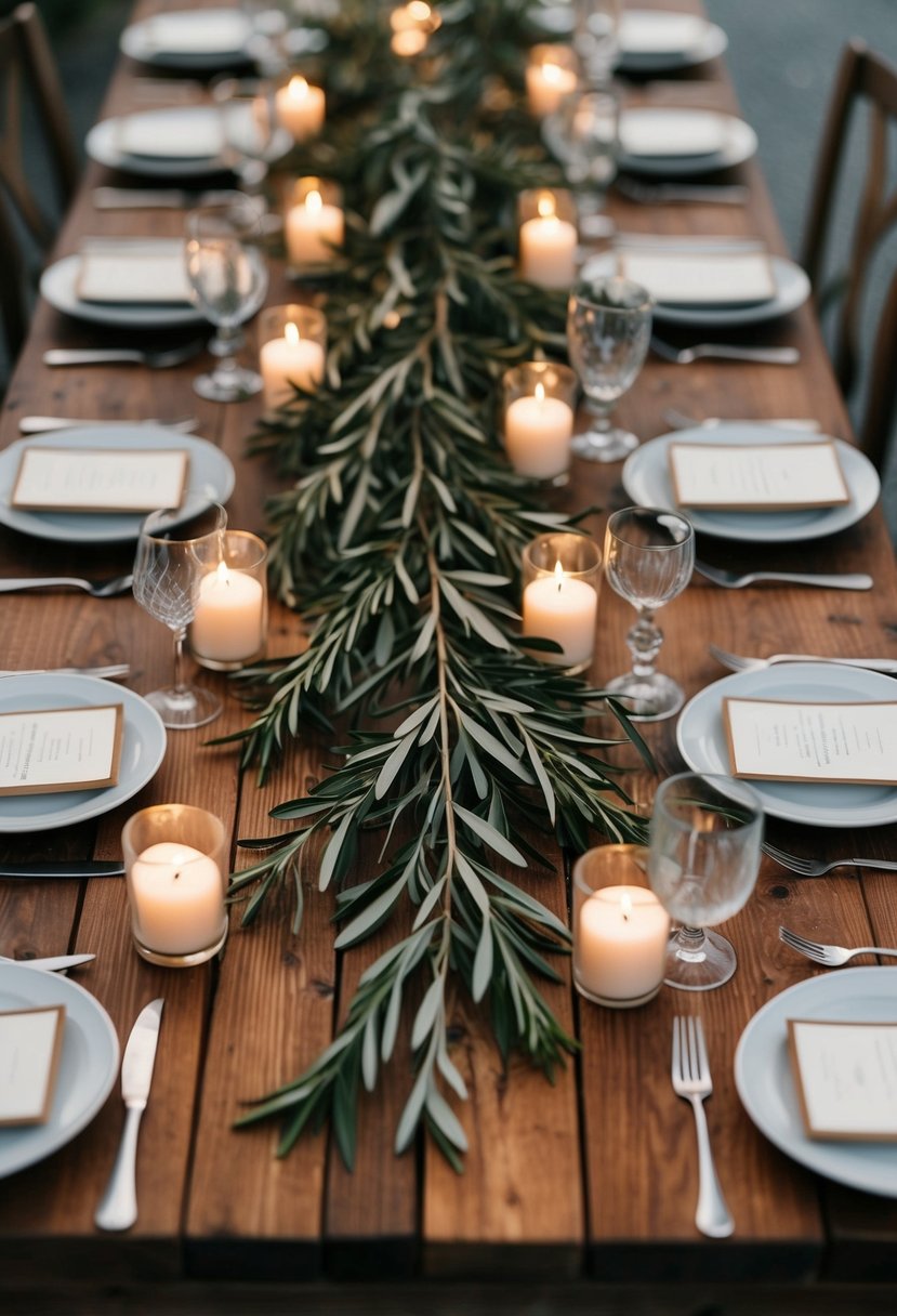 A wooden table adorned with a rustic olive branch centerpiece, surrounded by flickering candles and delicate greenery