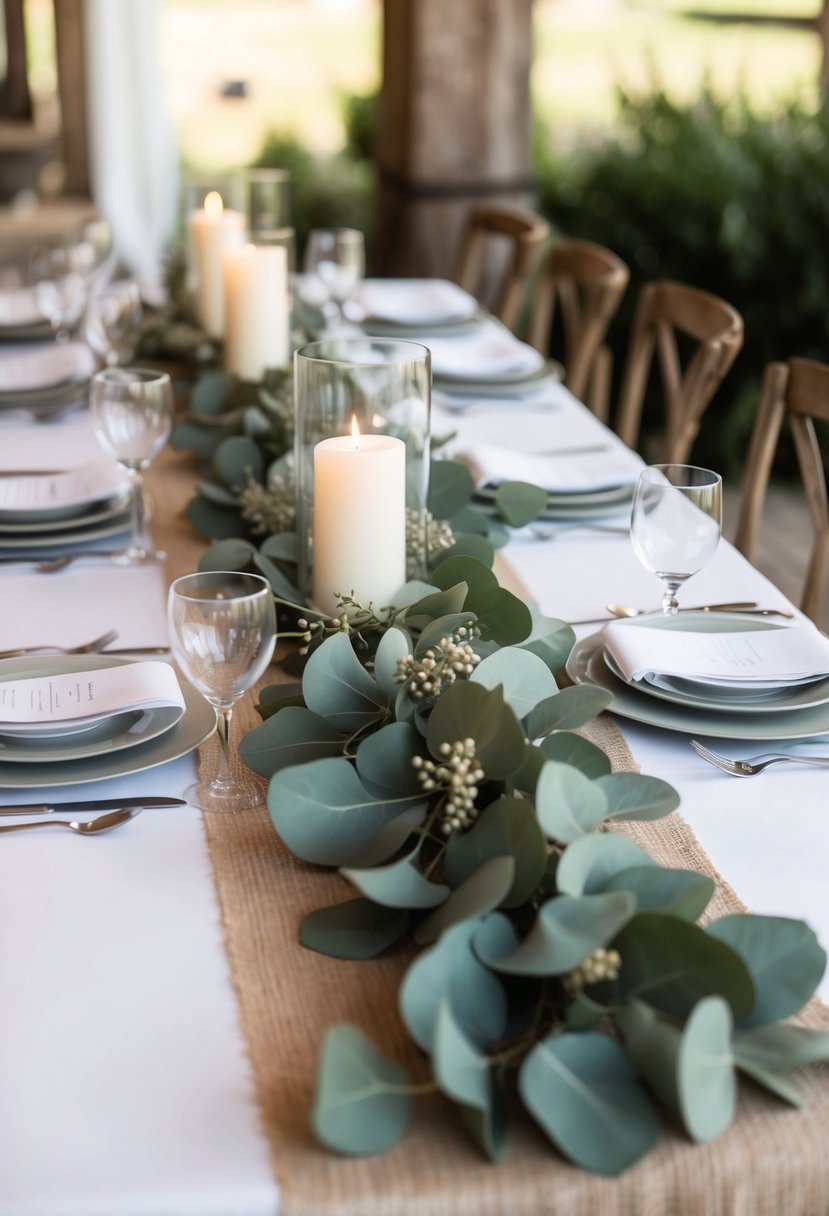 A table adorned with handcrafted ivory and eucalyptus garlands