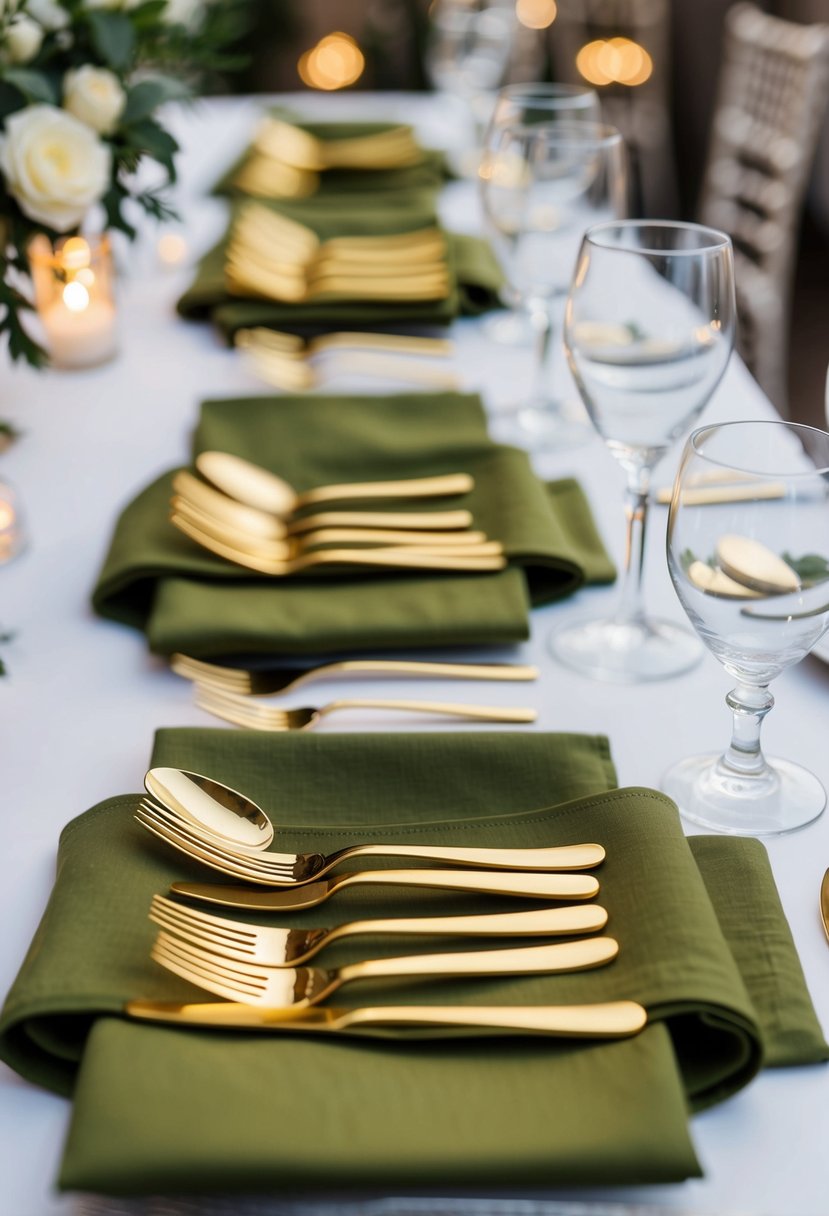 Golden cutlery arranged neatly on olive napkins, set on a wedding reception table