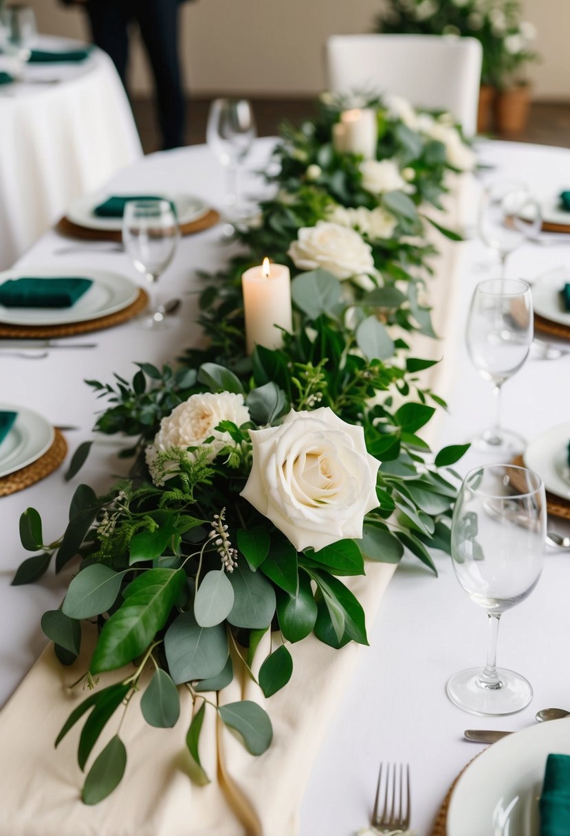 An ivory cheesecloth table runner adorned with lush greenery and ivory wedding decorations