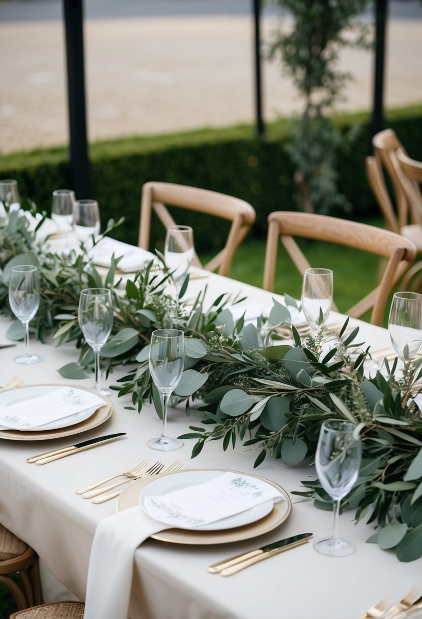 An elegant garland of olive branches and eucalyptus adorns a wedding table, creating a natural and romantic atmosphere