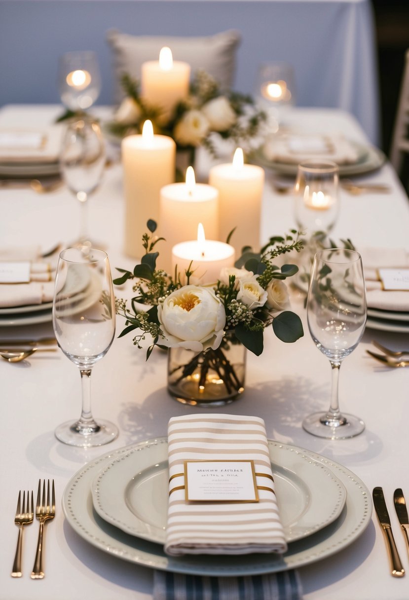 A table set with ivory and white striped napkins, adorned with delicate floral centerpieces and sparkling candlelight