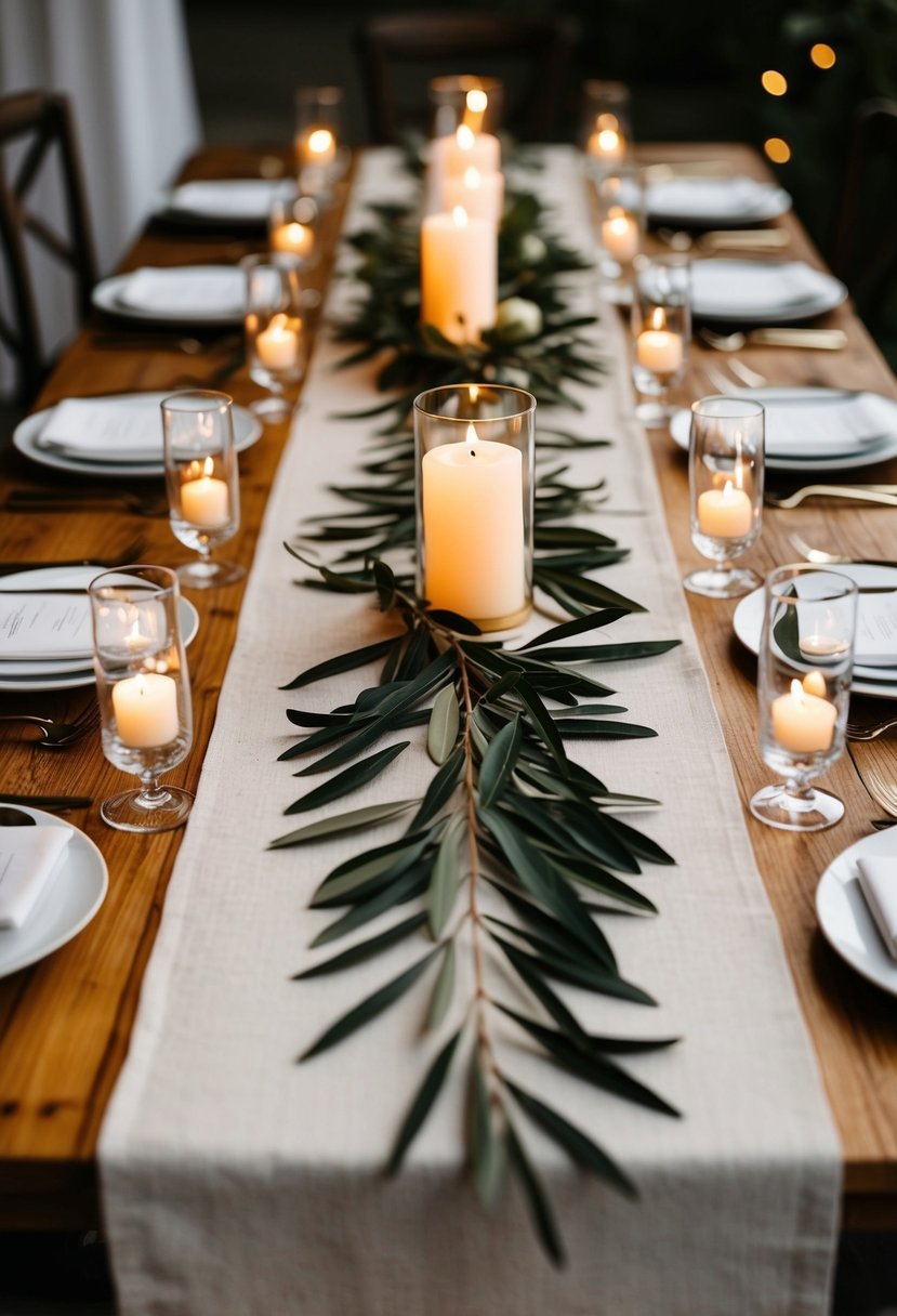 A rustic wooden table adorned with an olive leaf table runner, surrounded by elegant place settings and flickering candles