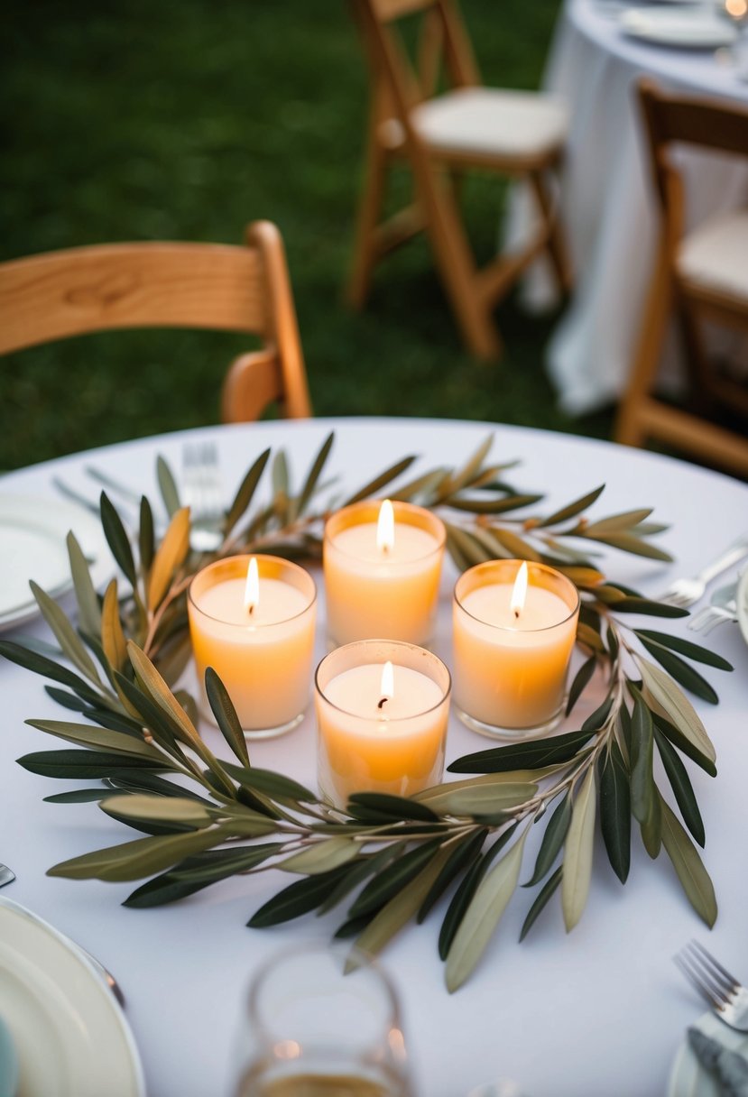 Olive branches encircle candles on a wedding table