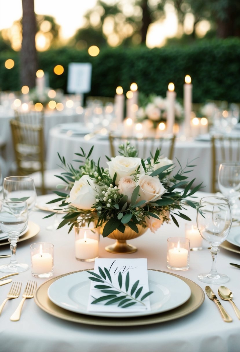 An elegant wedding table set with olive branch place cards, surrounded by soft candlelight and delicate floral centerpieces