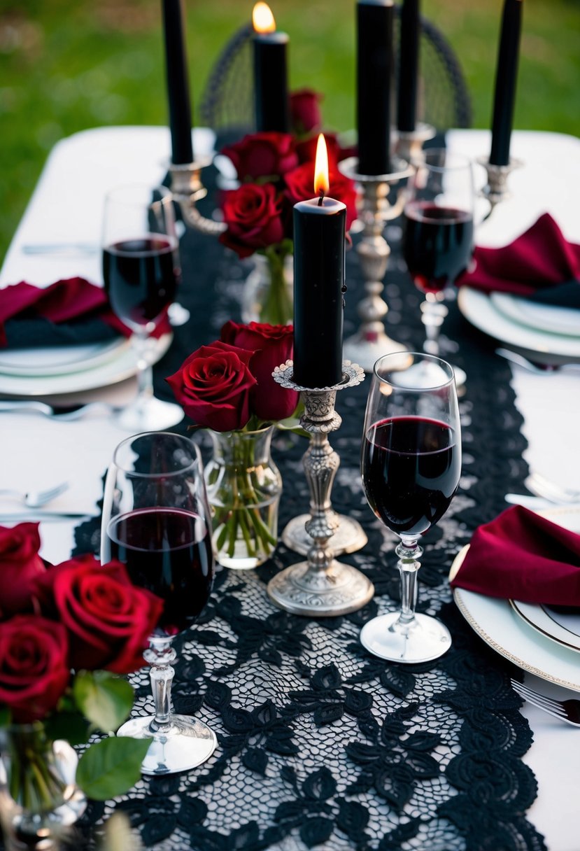 A black lace table runner with deep red roses, black candles in ornate candelabras, and silver goblets filled with blood-red wine