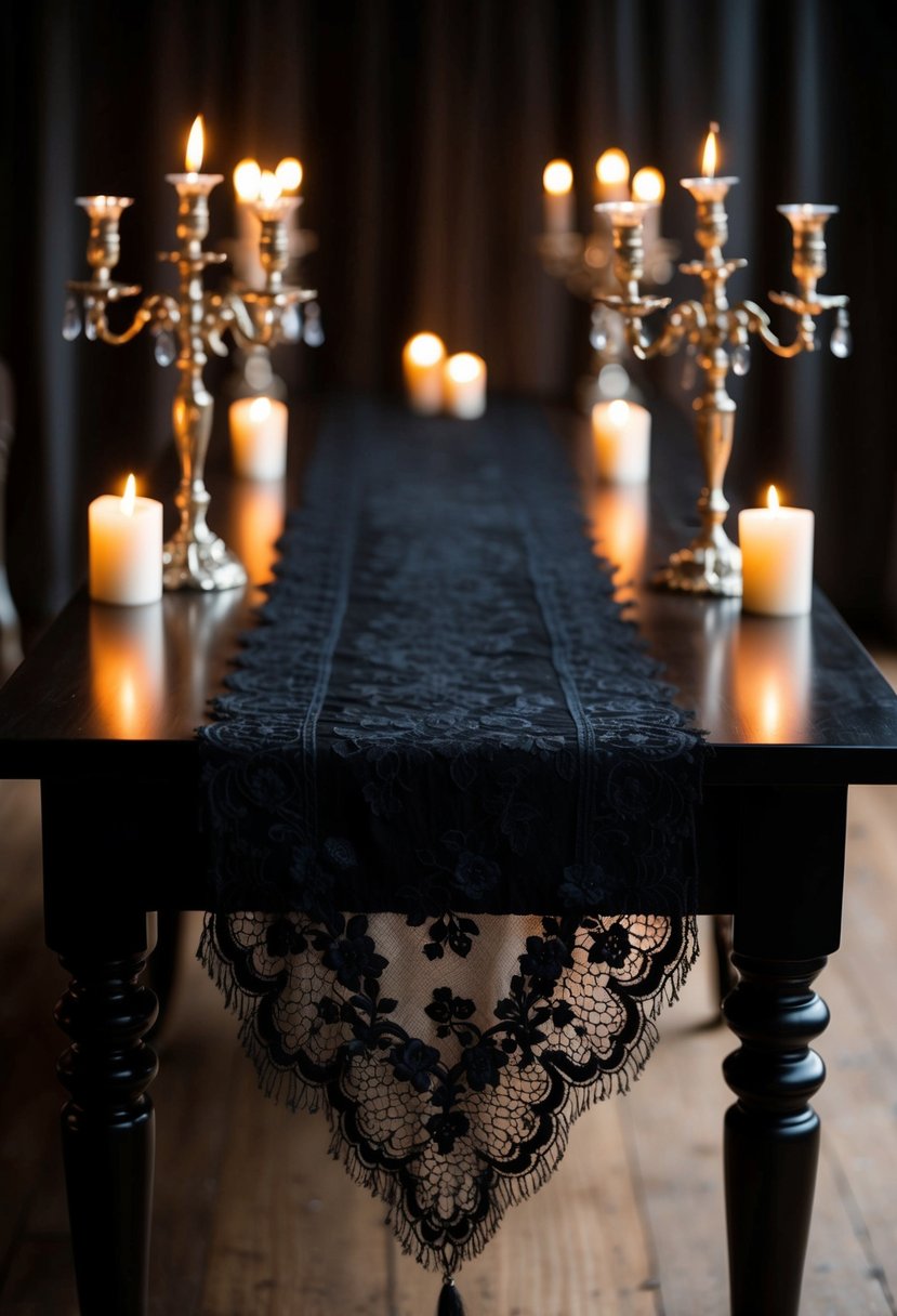 A black lace table runner drapes over a dark wooden table, adorned with ornate candelabras and flickering candles, creating a gothic wedding ambiance