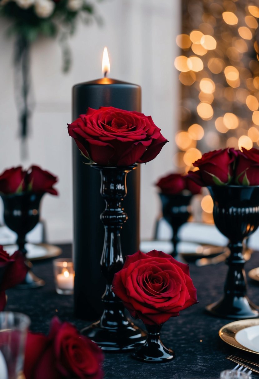 A dark red rose and black candle centerpiece adorns a gothic wedding table