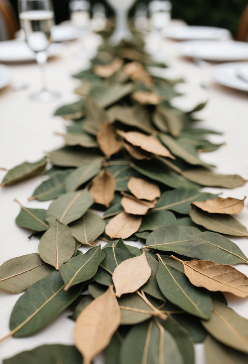 Dried olive leaves scattered across a wedding table, creating a natural and rustic confetti decoration