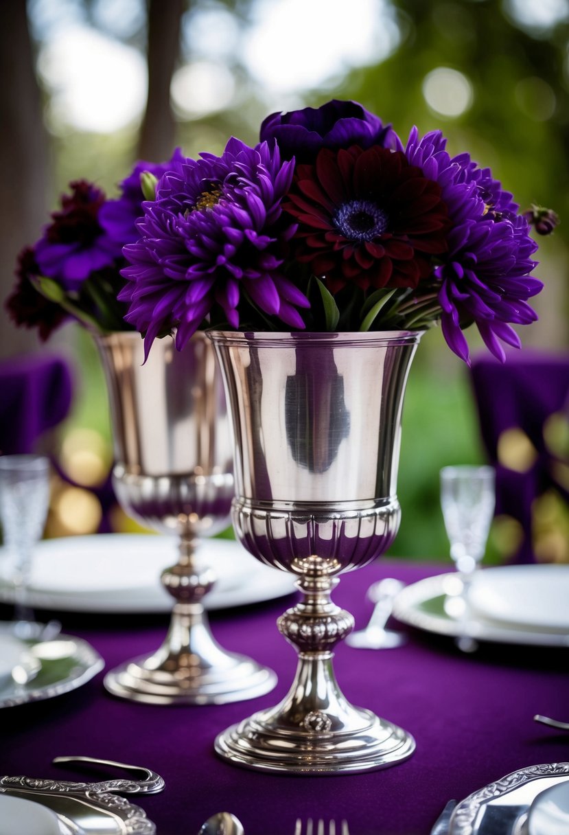 Vintage silver goblets hold deep purple flowers for a gothic wedding table