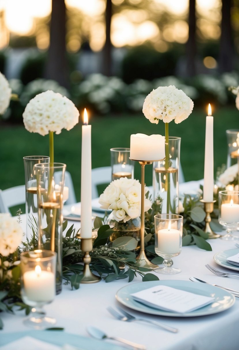 A table adorned with simple white flowers, greenery, and candles in glass holders