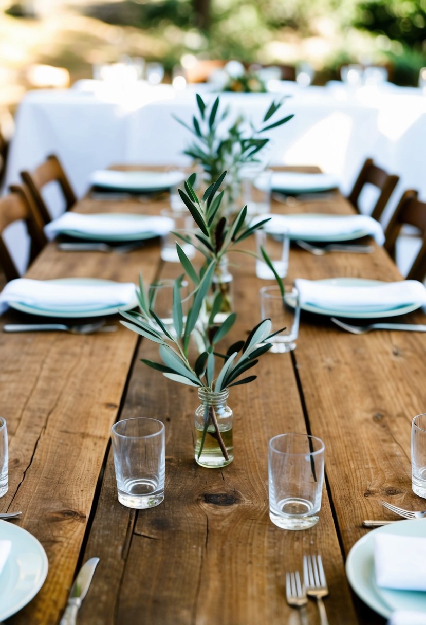 A rustic wooden table set with white linens, adorned with simple olive branch boutonnières in small glass vases