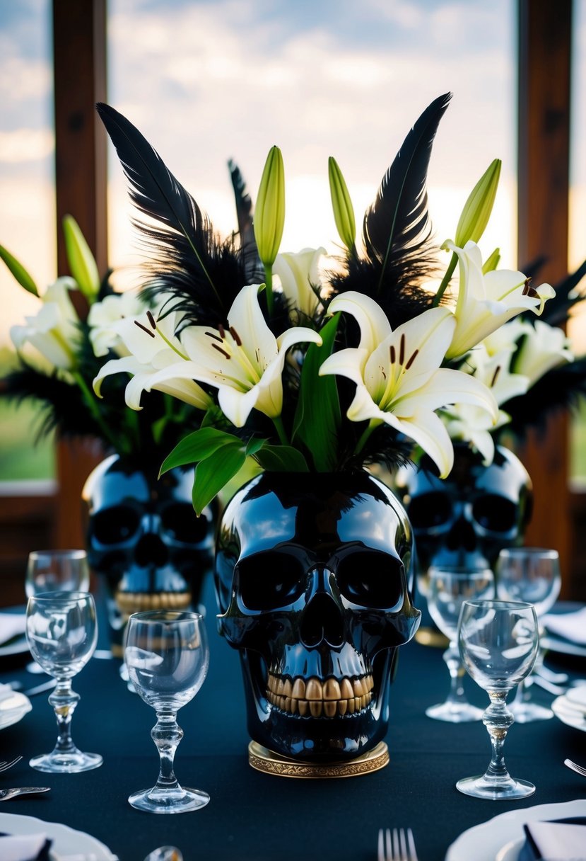 Black feather-filled skull vases hold white lilies, set on a gothic wedding table