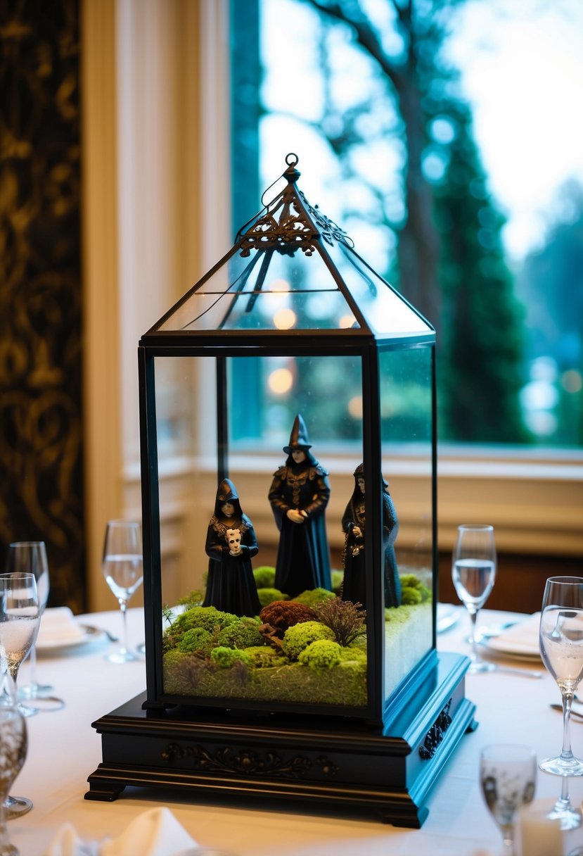 A gothic-style terrarium with preserved moss and dark figurines sits atop a wedding table