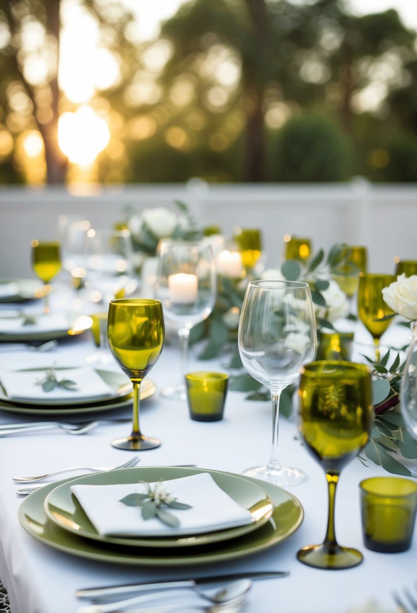 A table set with olive green wine glasses and wedding decorations