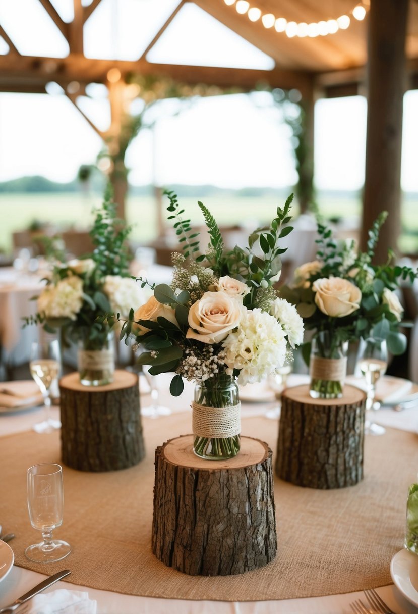 Rustic tree stump centerpieces adorned with neutral florals and greenery, set on a wedding reception table