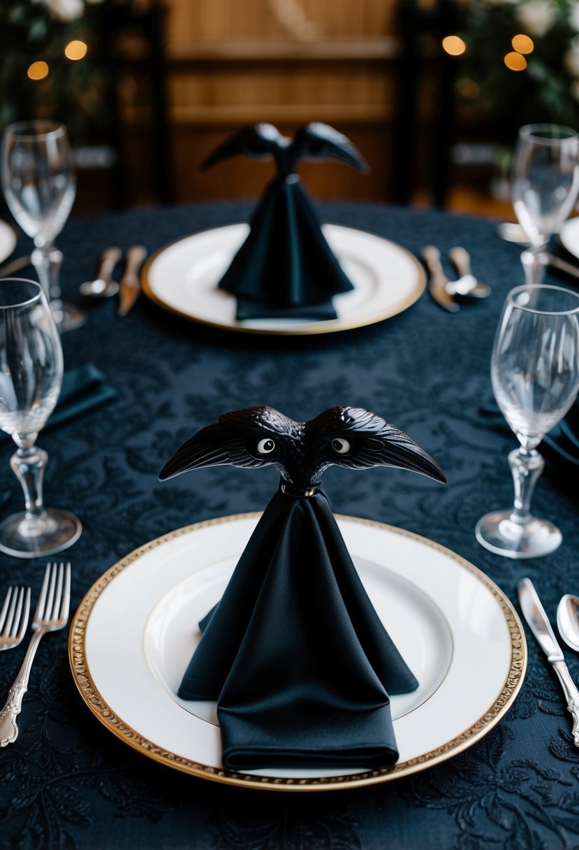 Black raven-shaped napkin holders arranged on a dark, ornate wedding table with gothic accents