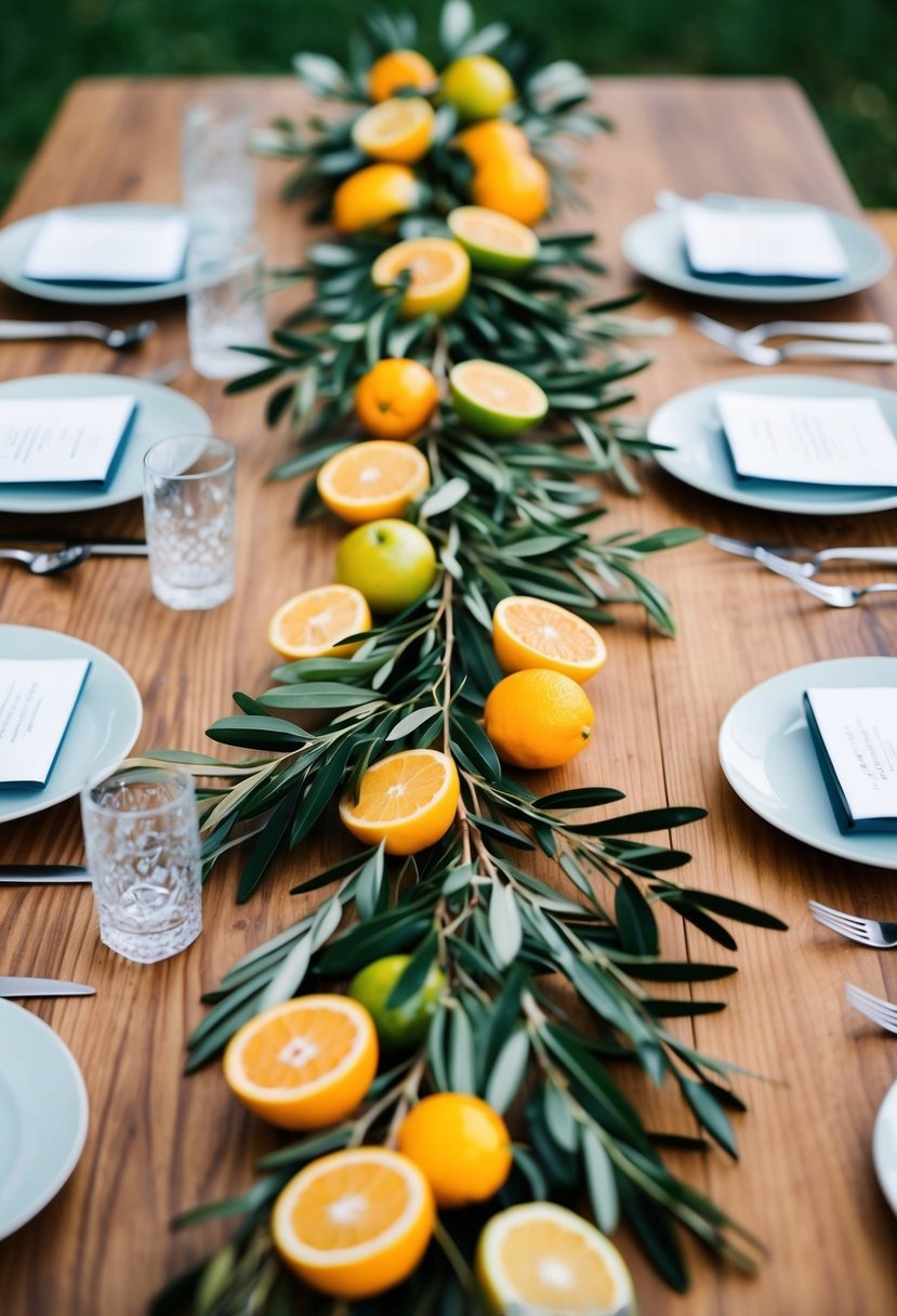 A wooden table adorned with olive branches and citrus fruits, creating a natural and fresh wedding centerpiece