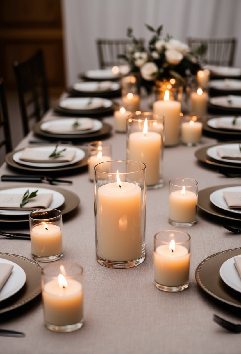 A table set with elegant floating candles in neutral tones for a wedding