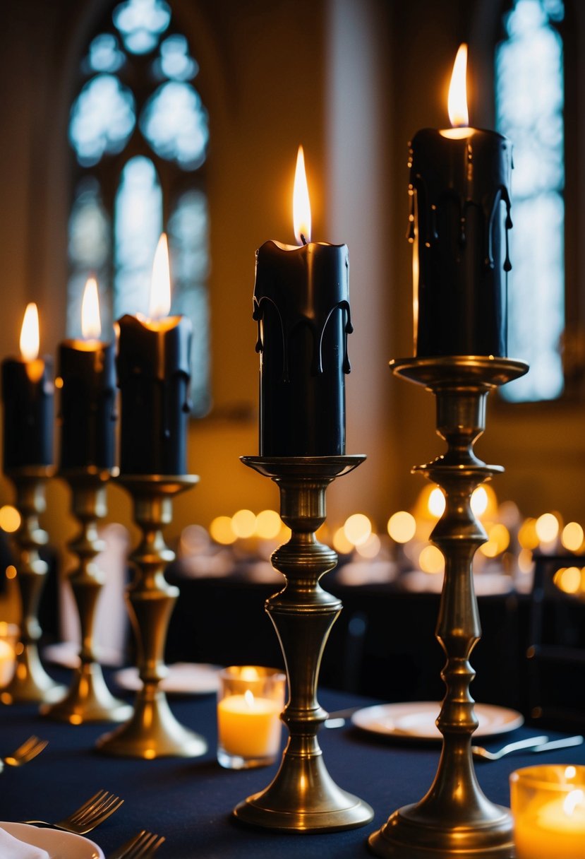 A dimly lit table adorned with antique brass candlesticks and dripping black candles creates a gothic wedding ambiance