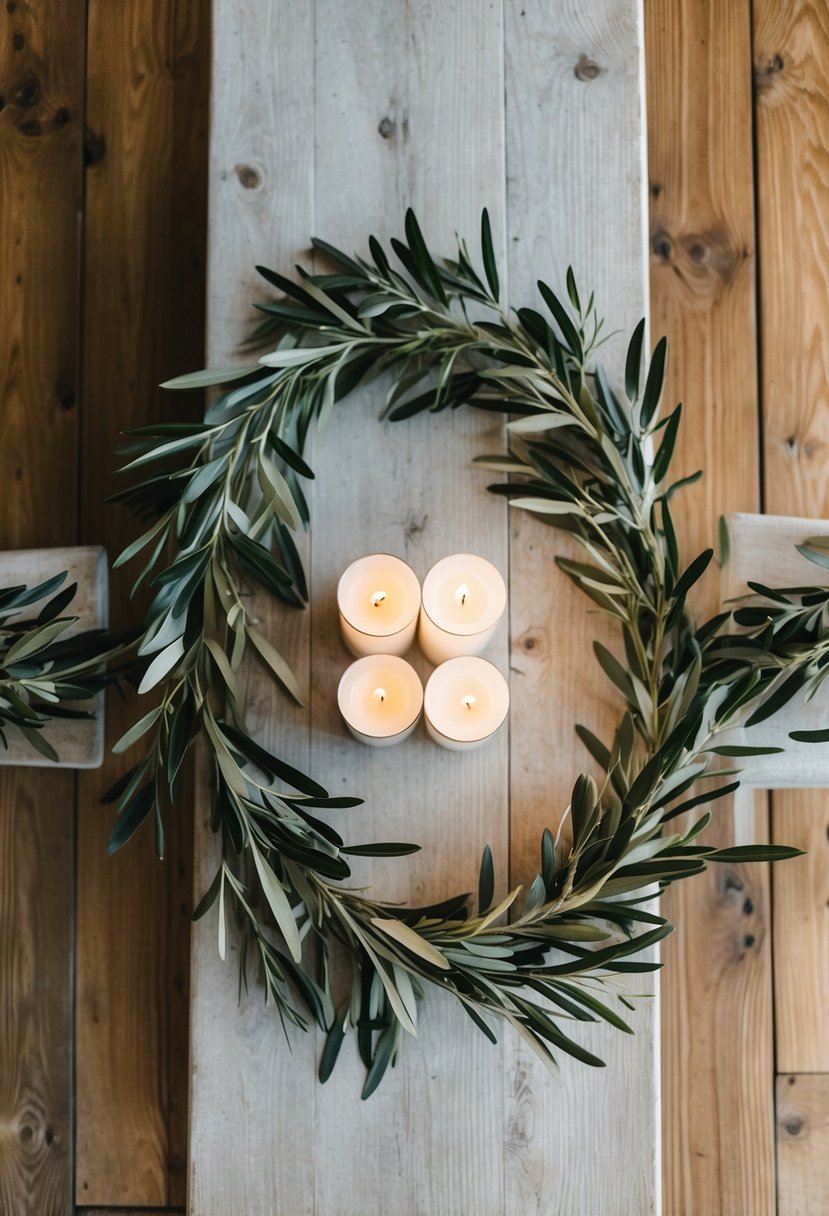 An overhead view of a rustic wooden table adorned with olive branch wreaths and simple white candles, creating a serene and elegant wedding centerpiece