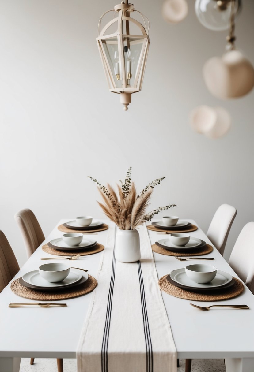 A white table with minimalist runners and neutral decor