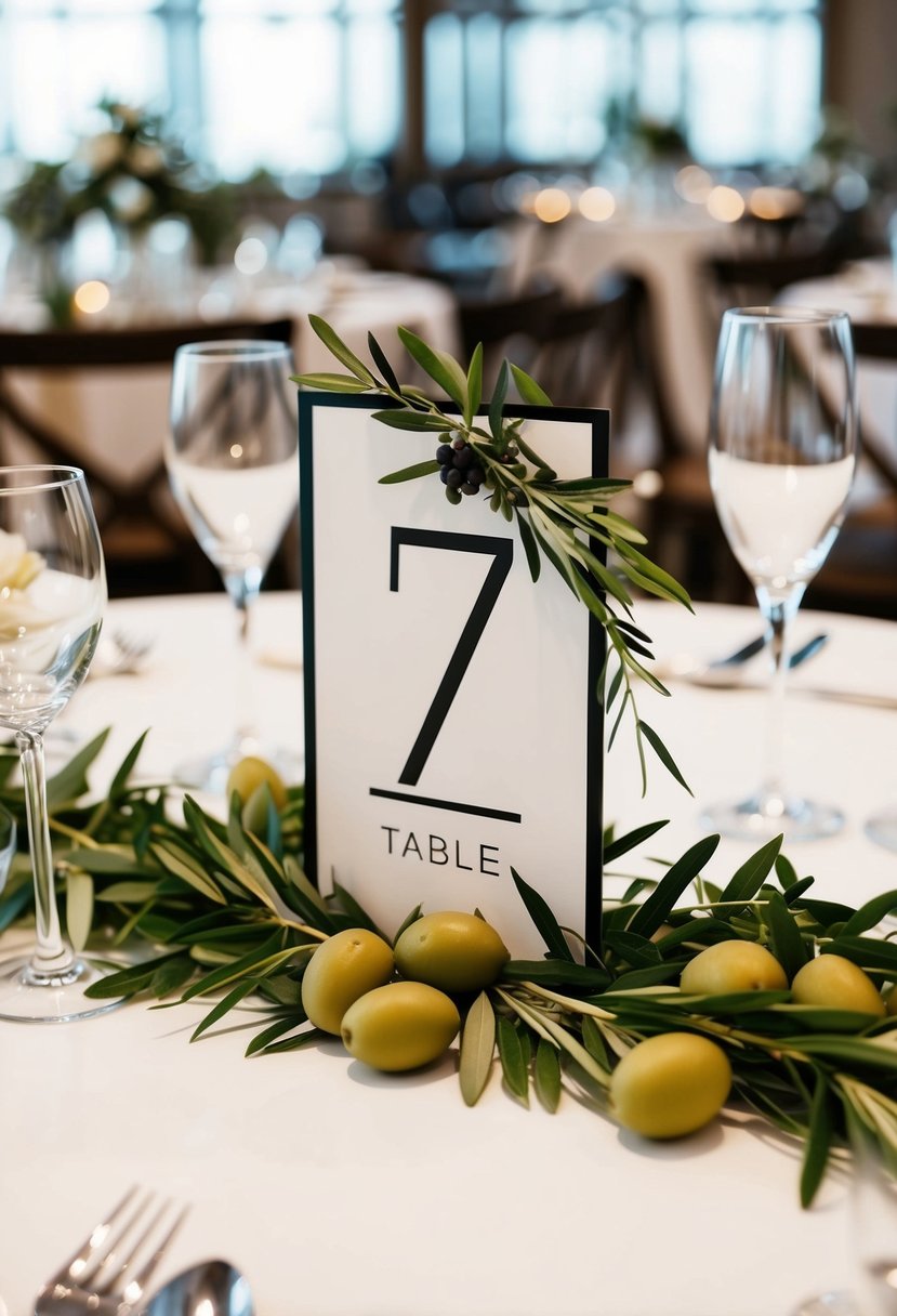 A set of table numbers with olive-themed decorations, featuring greenery and olives as part of the wedding table decor