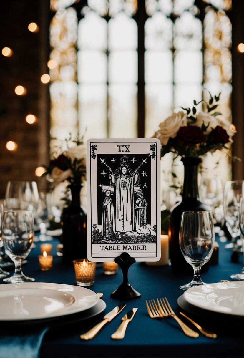 A gothic wedding table adorned with tarot card table markers