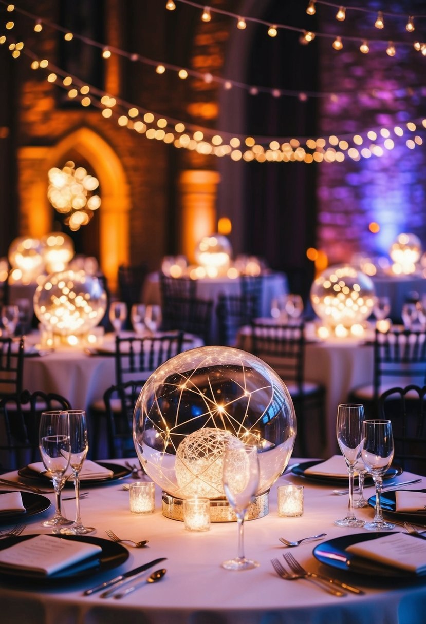 Gothic wedding tables adorned with crystal ball centerpieces emitting flickering LED lights