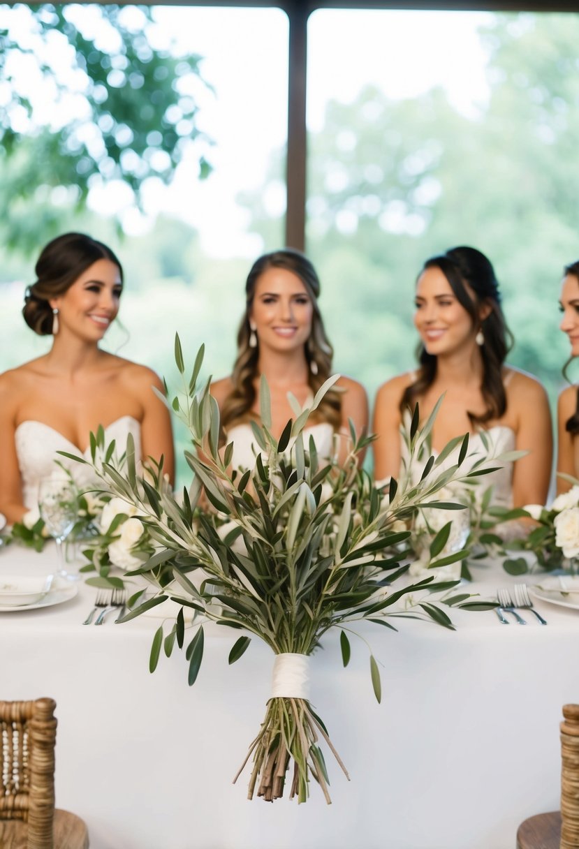 A table adorned with olive branch bridesmaid bouquets, creating a natural and elegant wedding decoration