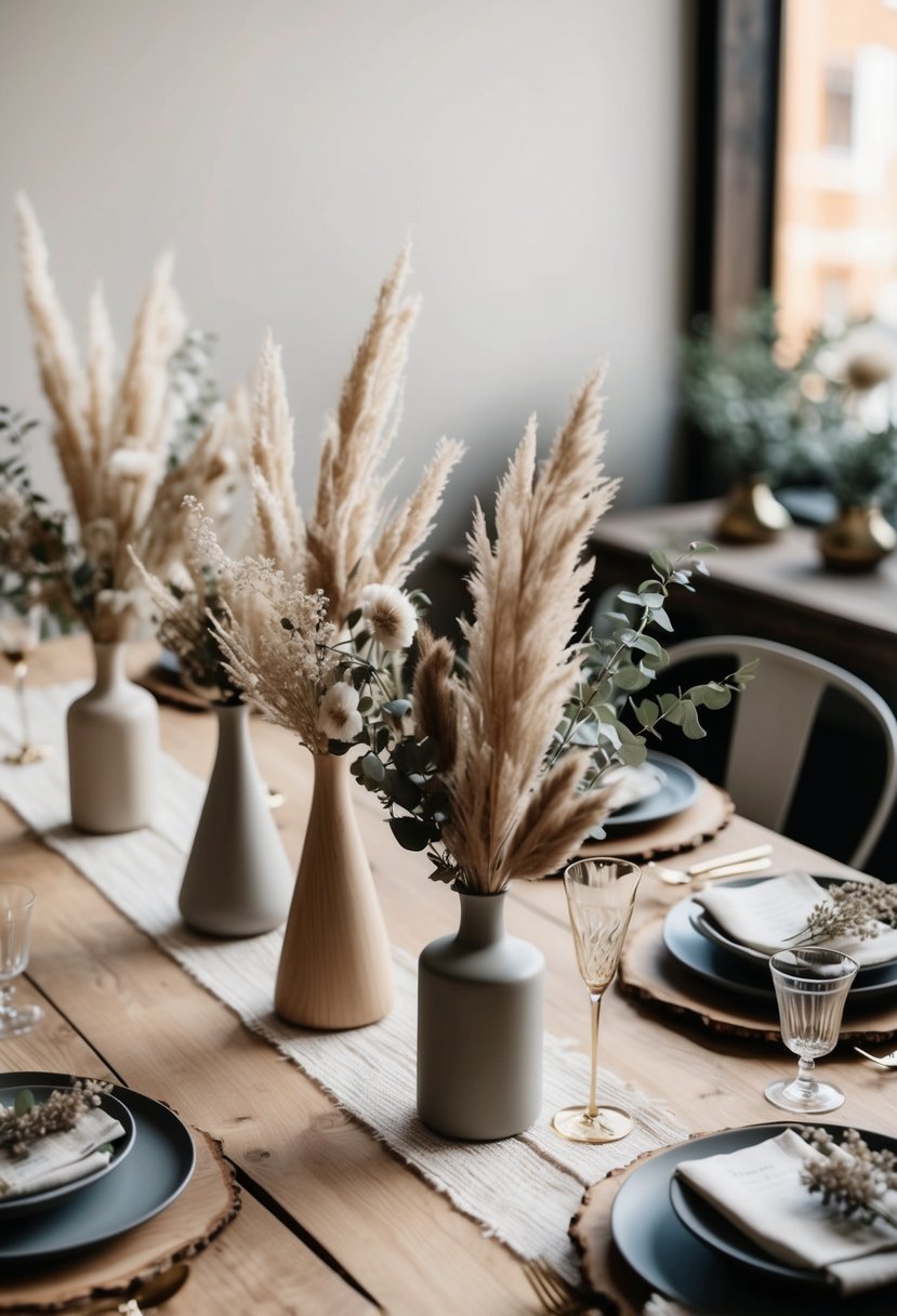 A wooden table set with dried floral arrangements in neutral tones, accented with delicate greenery and elegant vases