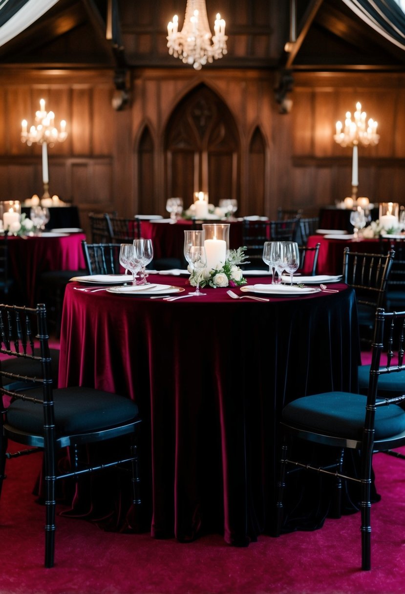 Burgundy and black velvet tablecloths drape over a gothic wedding banquet table adorned with dark, elegant decor