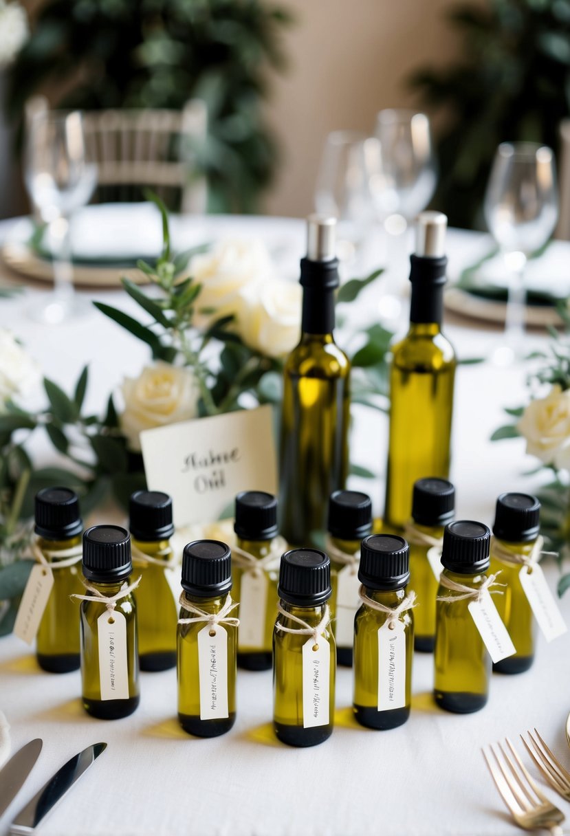 A table set with small olive oil bottles as wedding favors, surrounded by greenery and elegant decor