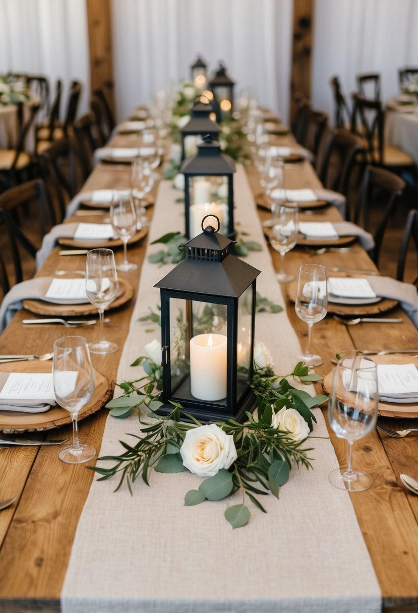 A rustic wooden table adorned with neutral-toned linens and vintage lanterns as wedding centerpieces