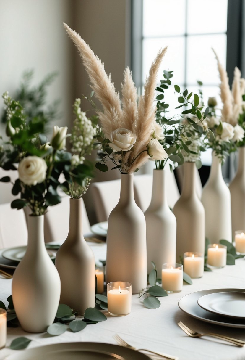 A collection of neutral-toned vases arranged on a wedding table, surrounded by soft, natural elements like greenery and candles