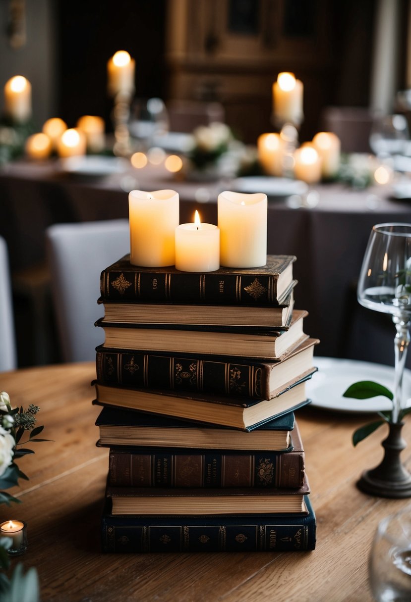 A stack of old books with small candle arrangements, creating a gothic wedding table decoration