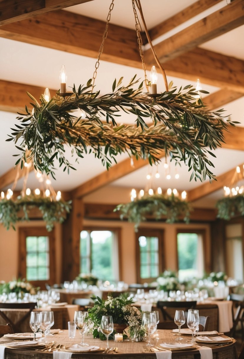 Olive branch chandeliers hang above rustic wedding tables, adding a natural touch to the elegant decor