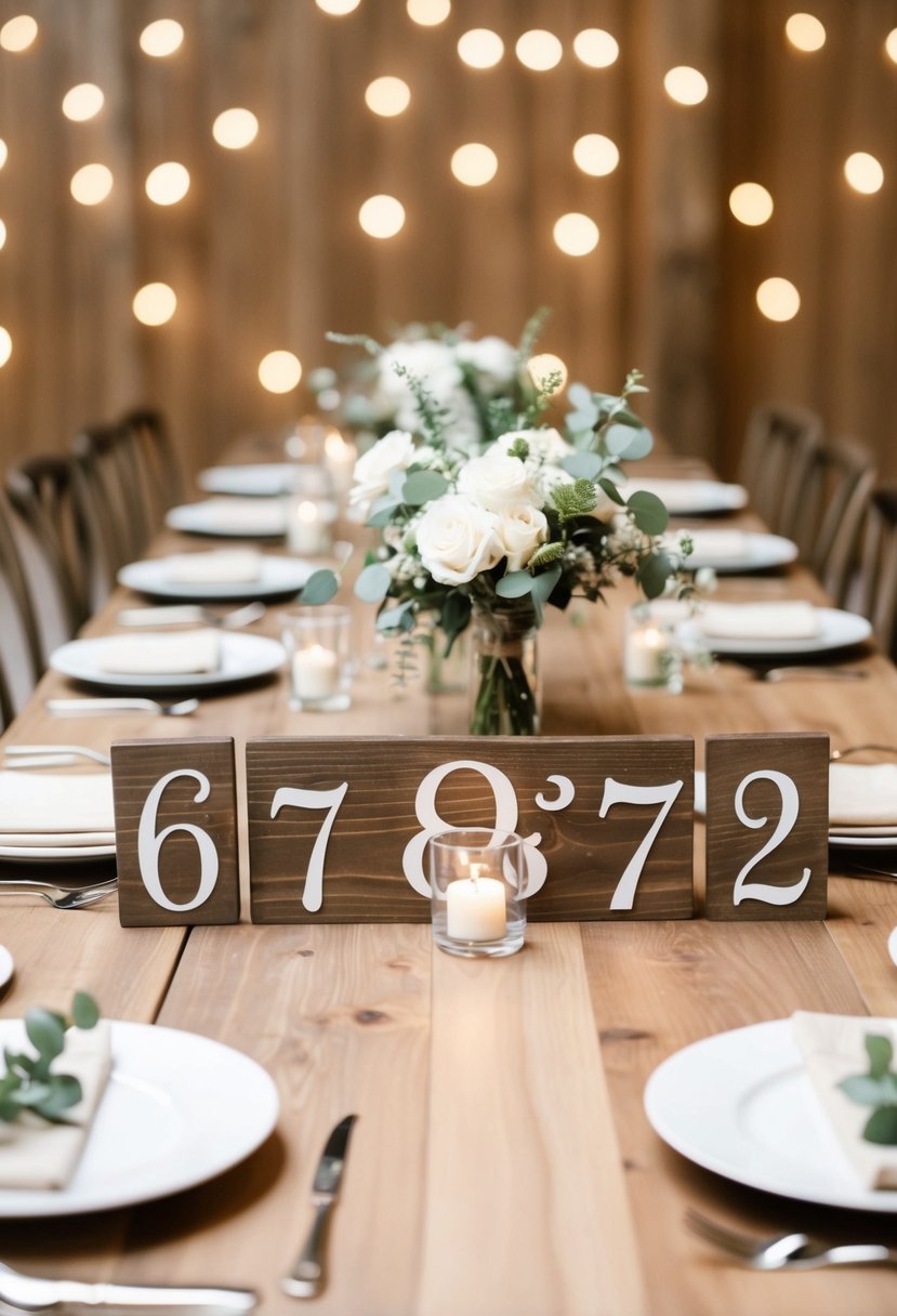 A wooden table with numbered signs, set for a neutral-themed wedding reception