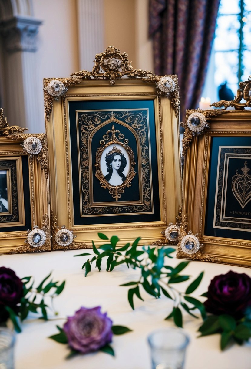 Victorian picture frames adorned with gothic artwork, arranged as wedding table decorations