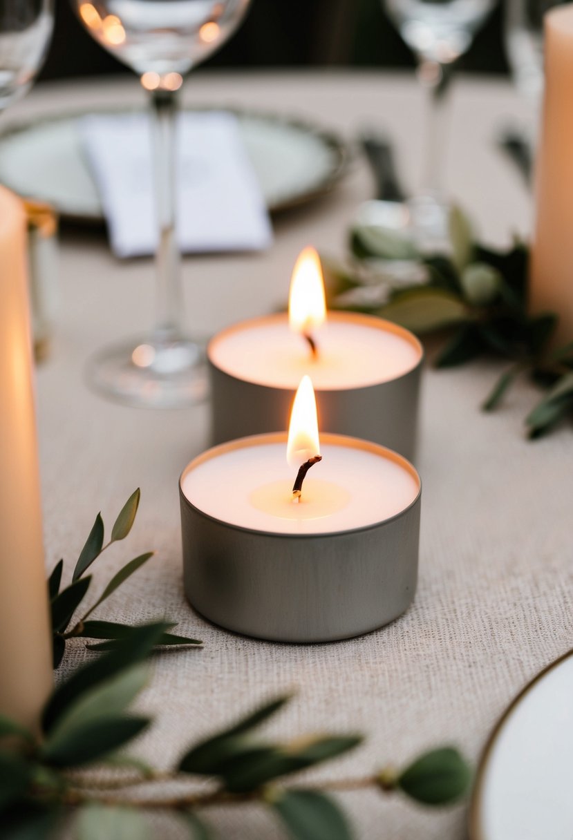 A tealight candle surrounded by neutral-colored table decor for a wedding