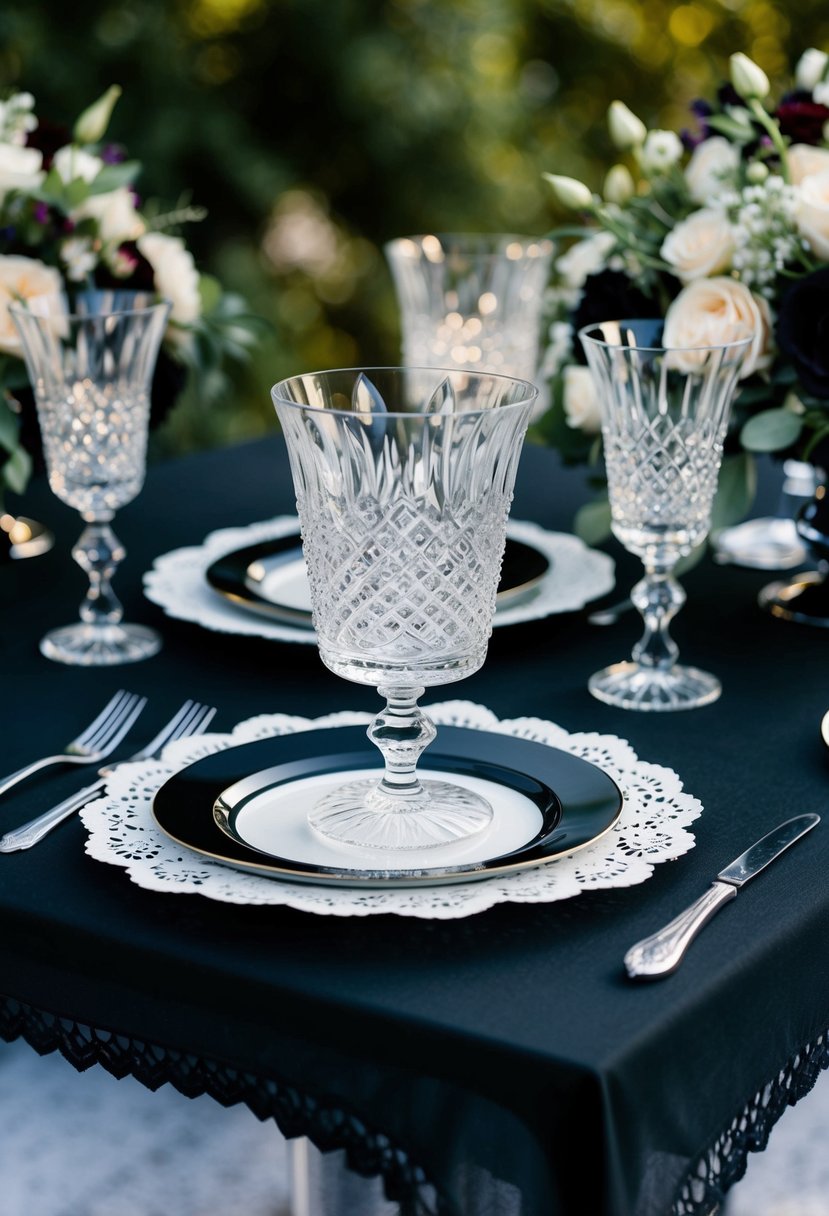 Elegant black lace doilies peek out from under shimmering crystal glassware on a gothic wedding table