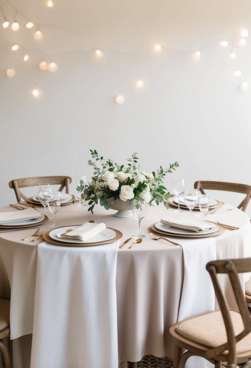 A simple, elegant table setting with neutral fabric table covers, adorned with minimalistic yet charming wedding decor