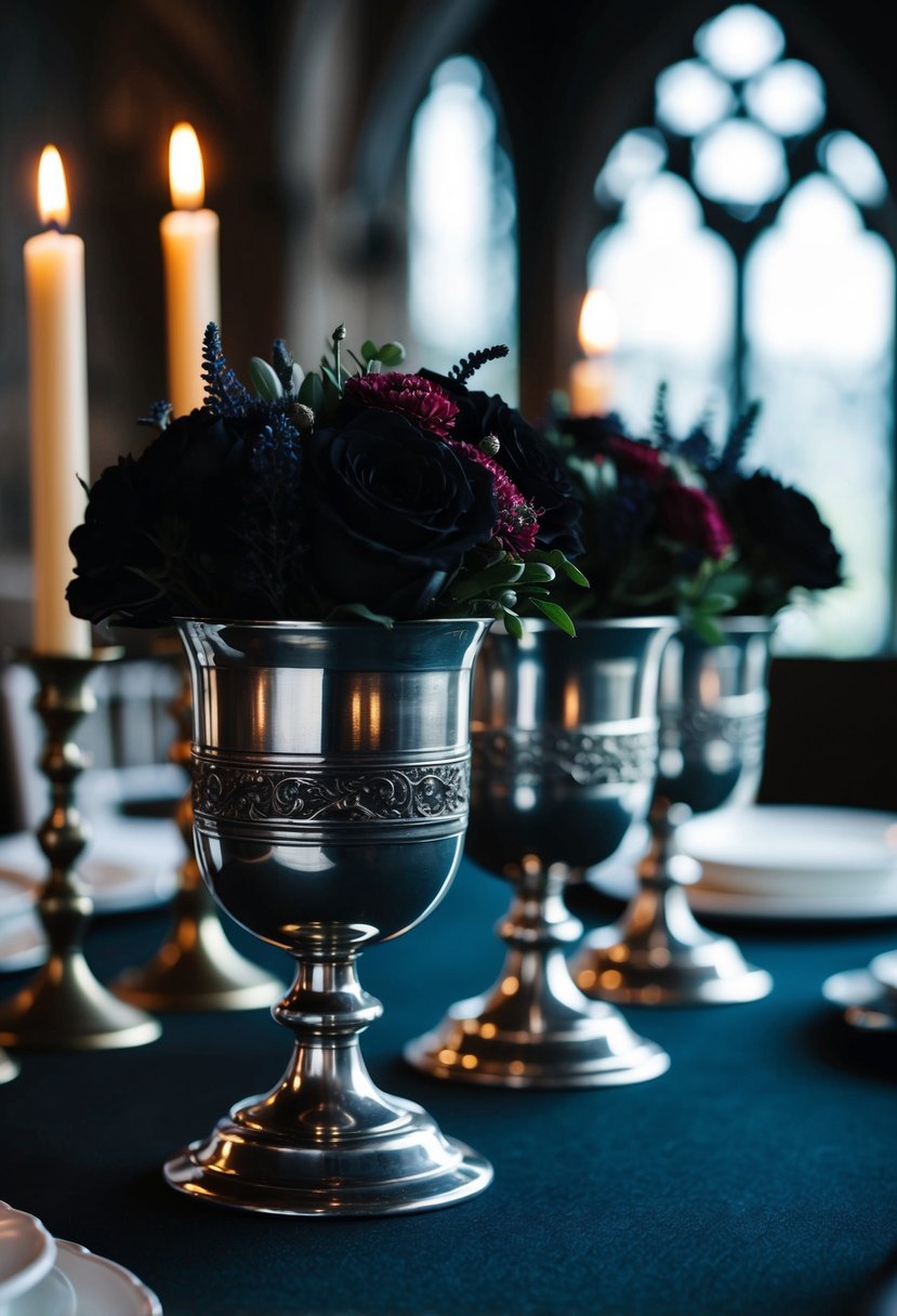 Medieval chalices filled with dark, moody flowers adorn a gothic wedding table