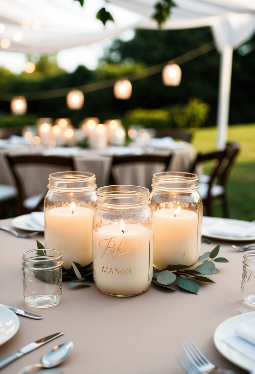 A neutral-toned wedding table with mason jar candles as centerpieces